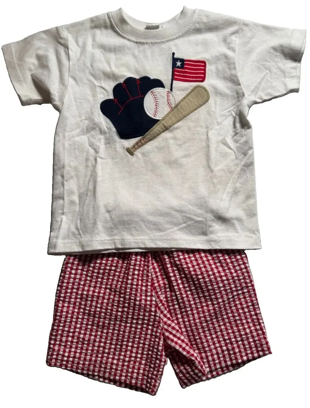 The Bailey Boys Boys 3T Baseball Patriotic Applique Shirt Gingham Shorts Set